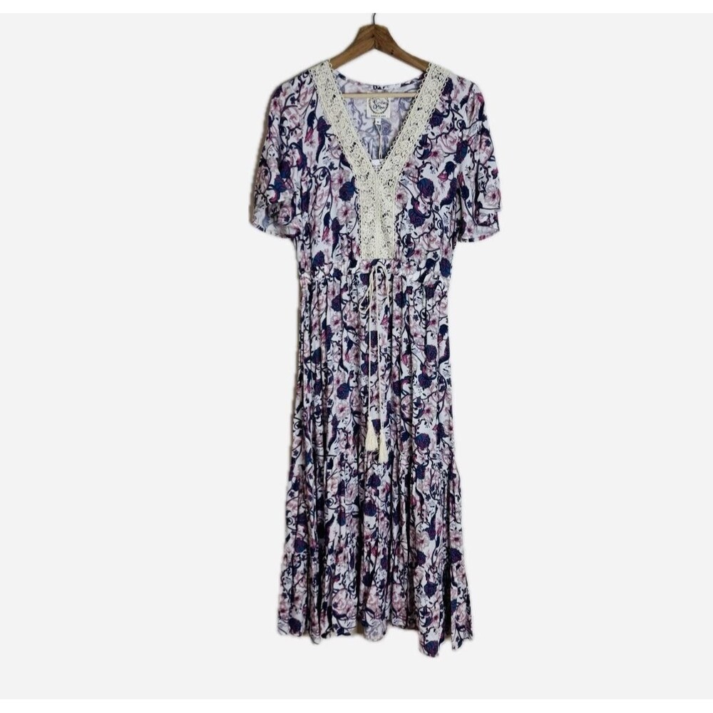 anthropologie sunday Mi Amor Dress Womens M Floral Crochet Lace Midi Tie Waist
